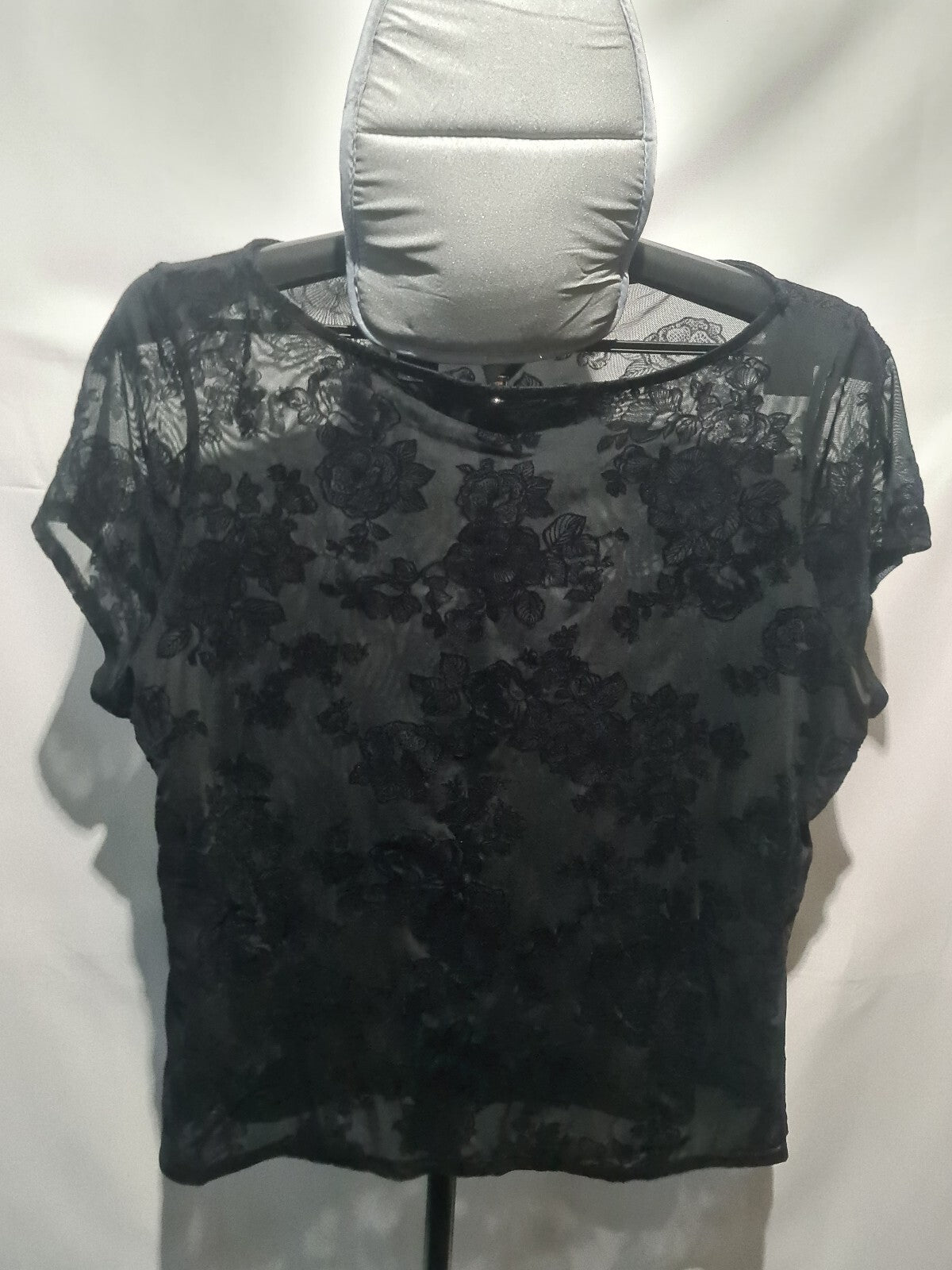 PrettyLittleThing Plus black sheer floral mesh top
