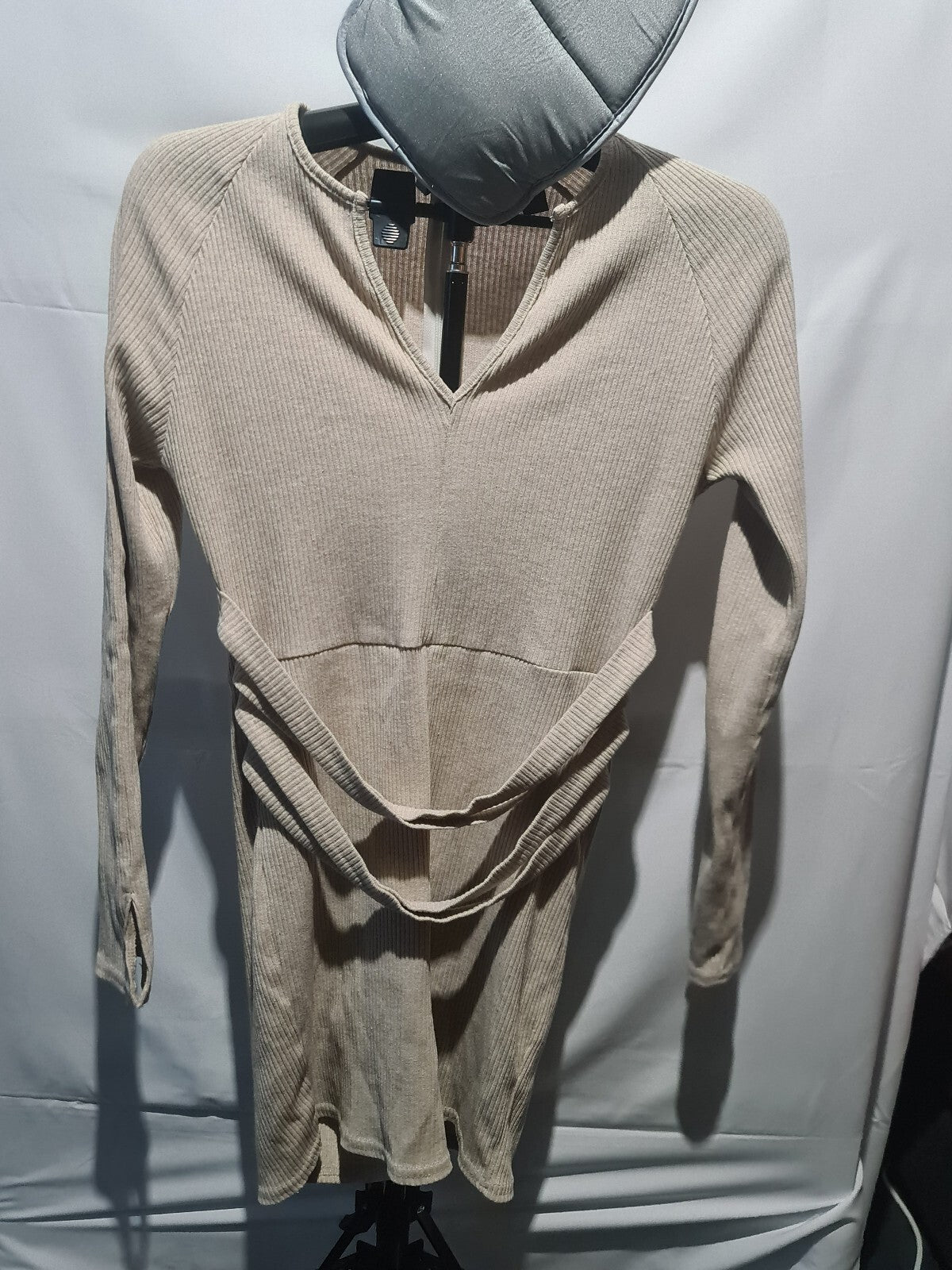 PrettyLittleThing beige ribbed long sleeve bodycon dress