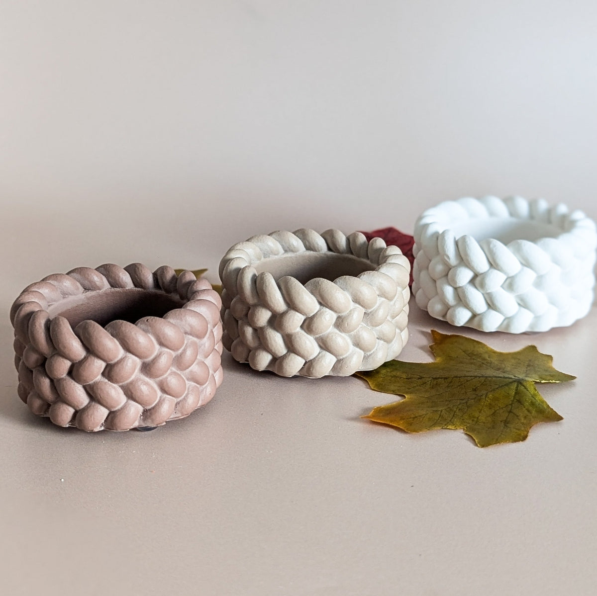 Knitted style cosy tealight candle holders